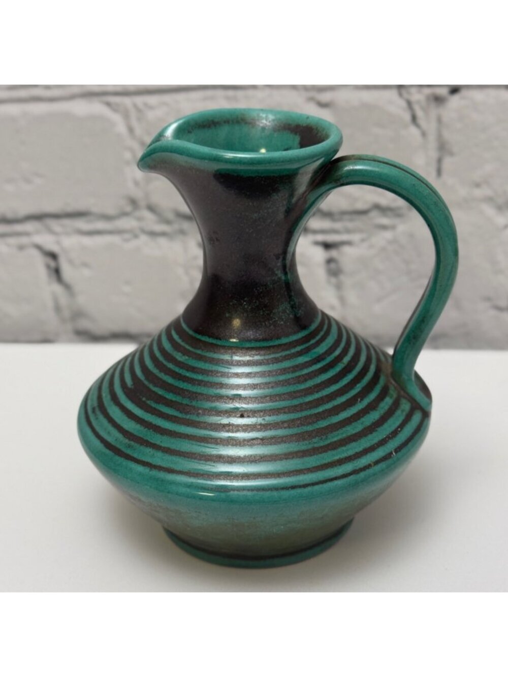 Vintage Pitcher Turquoise Green Pottery Cruet Small Jug Marked LLL Ceramic
